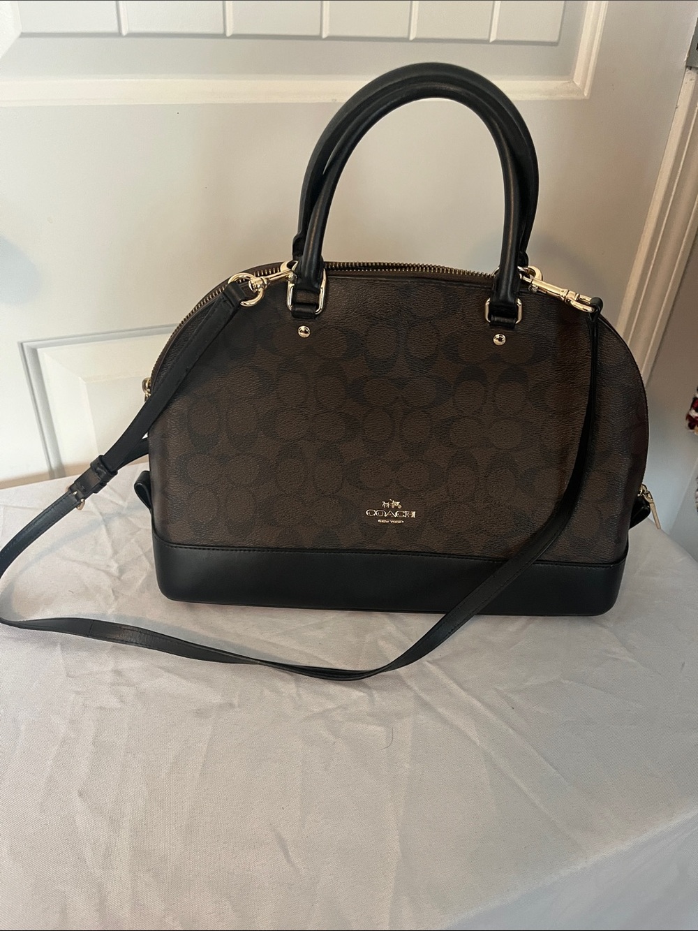 Coach Brown and Black Dome Satchel with Signature Pattern